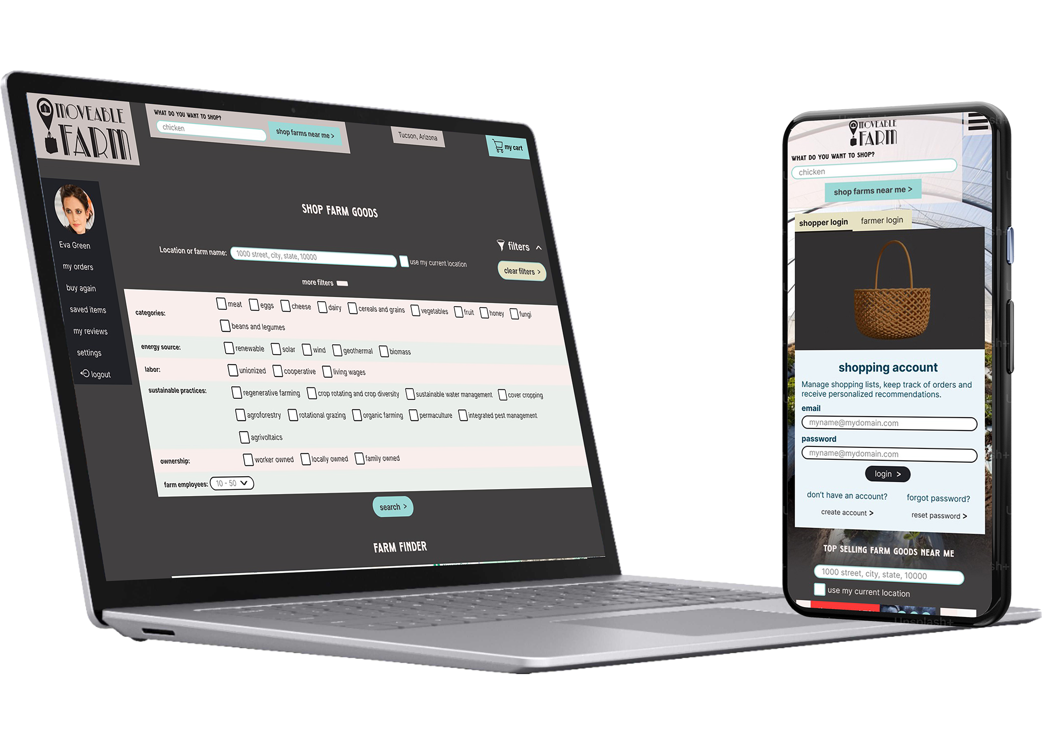 Moveable Farm desktop and mobile prototypes
